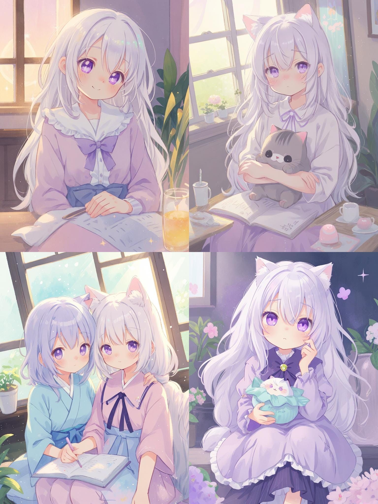 Anime Cat Girl with White Hair and Purple Eyes
