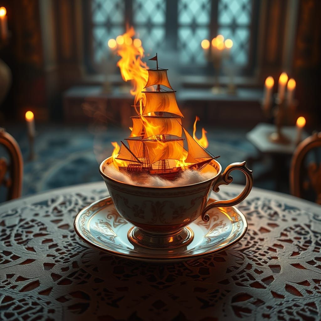 Burning Pirate Ship in Teacup: Digital Matte Painting