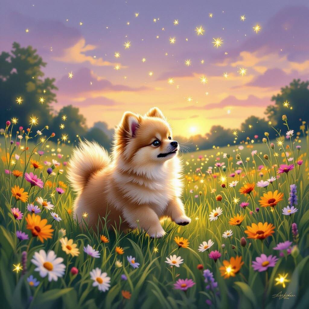 Pomeranian Puppy Chasing Fireflies in a Twilight Meadow