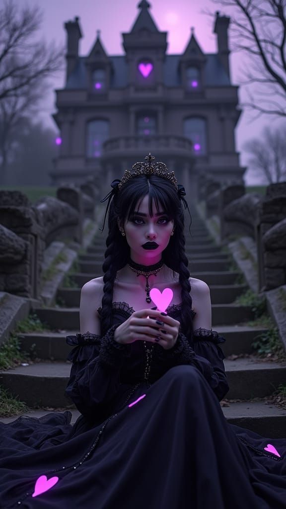 Goth Woman on Stone Steps with Eerie Love Letter