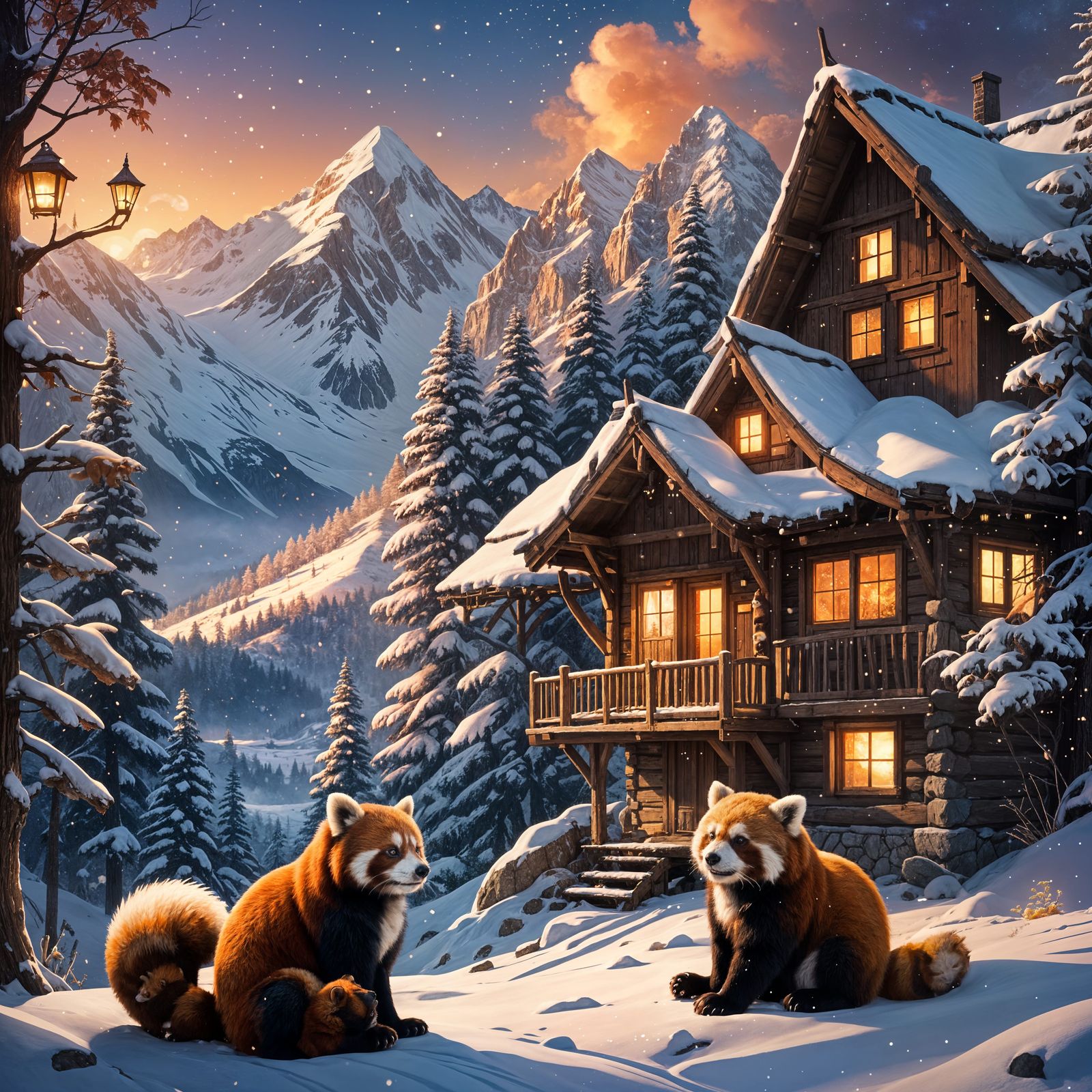 Red Pandas by Cabin in Snowy Mountain Scene