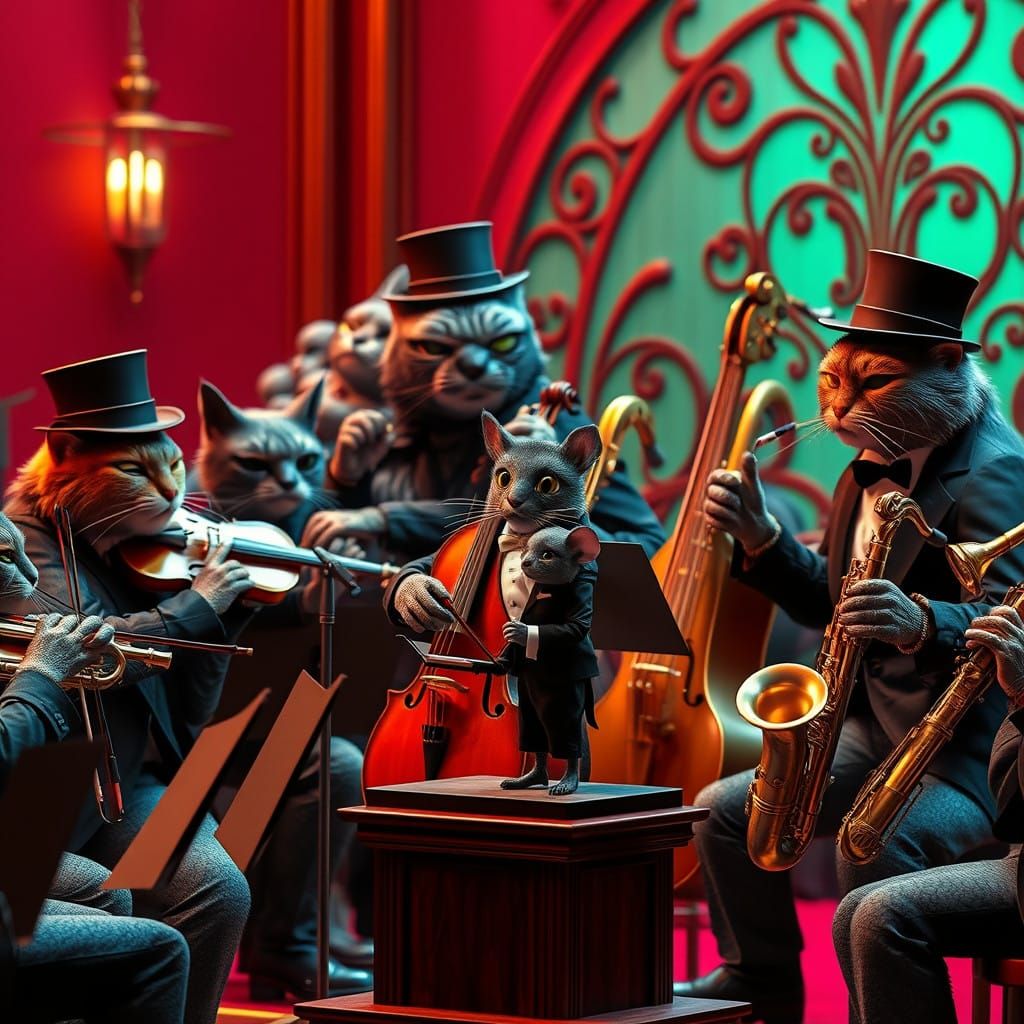 An orchestra of cats in suits & top hats, each playing detailed musical instruments with a mouse conductor. 🎷🎶🎻