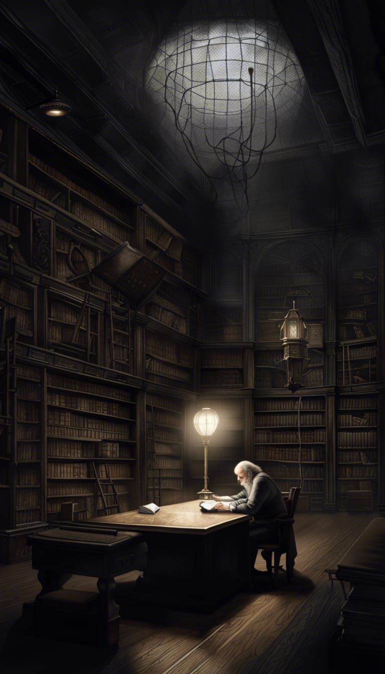 Art Deco Library in Grayscale with Old Man Reading