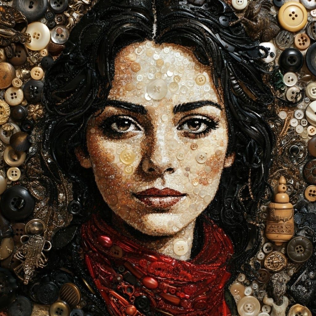 Stunning Button Collage Portrait of a Woman in Red