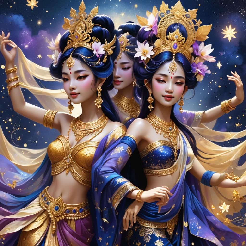 Celestial Nymphs Dancing Under a Starry Sky