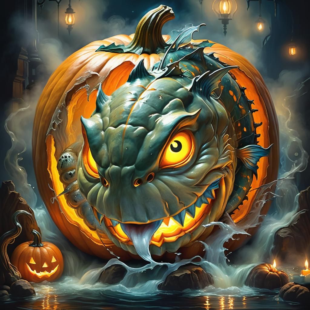 Spooky Catfish Pumpkin: Renaissance Oil Painting