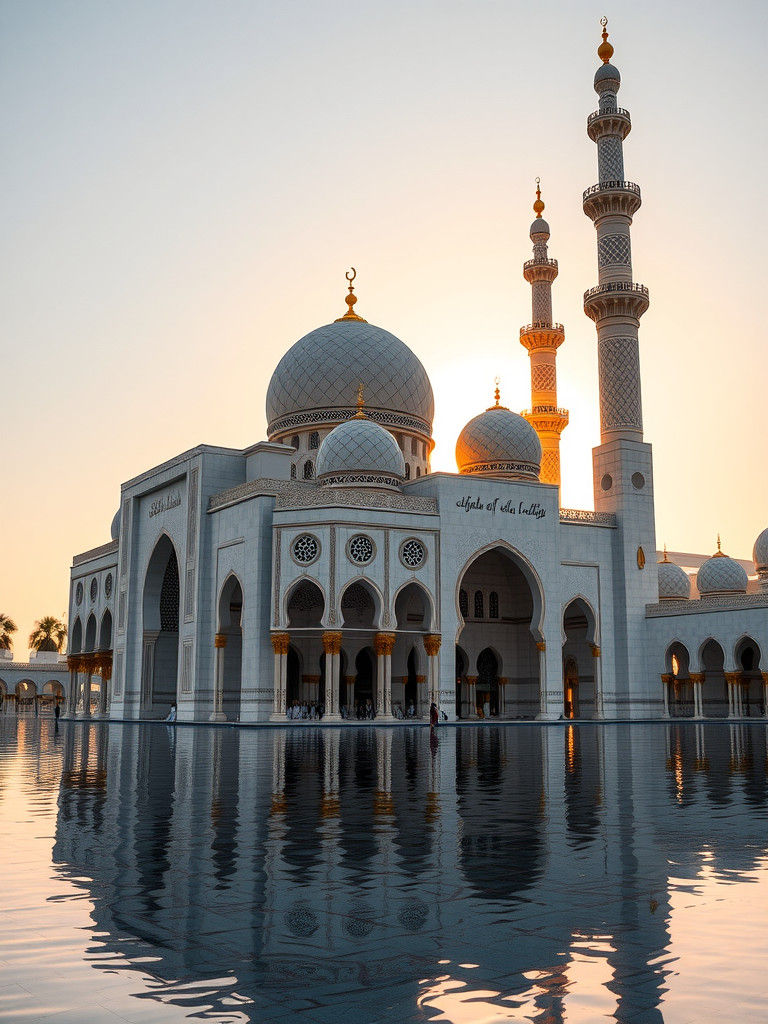 Mosque in Golden Light Reflecting on Water