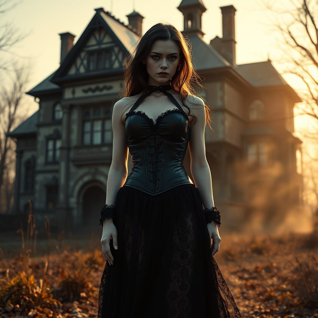 Gothic Beauty Before Victorian Mansion in Shadowy Light