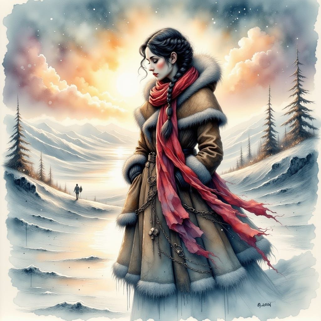 Ethereal Victorian Woman Stands Alone on Arctic Tundra in In...