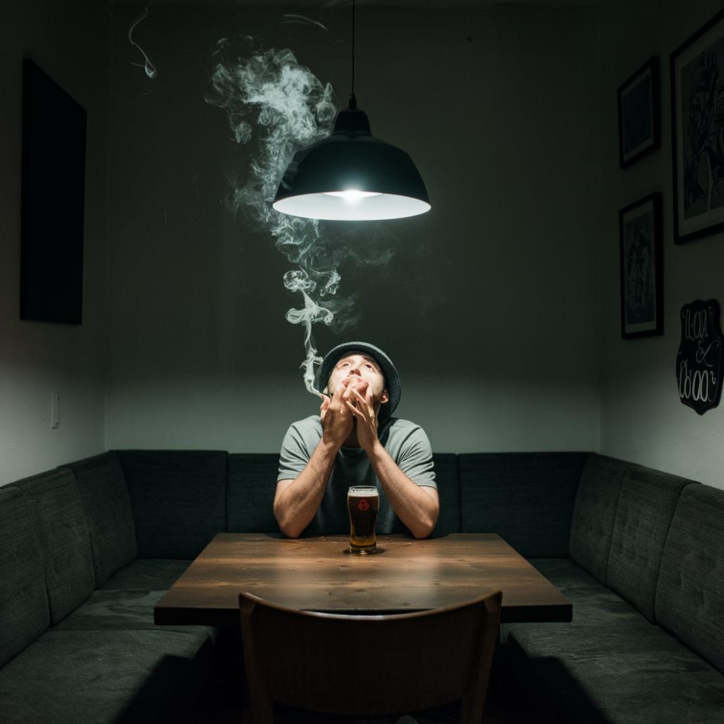 A Lone Figure Smokes in a Darkened Room