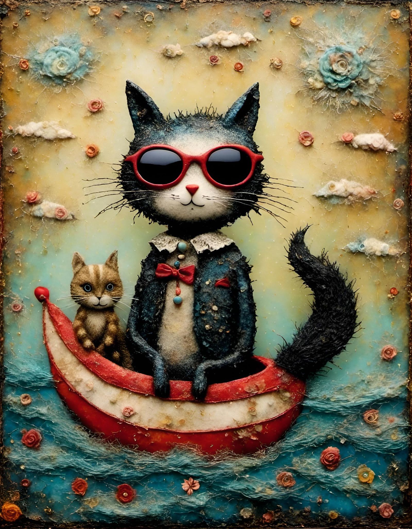 whimsical encaustic tim burton mixed media collage woolen cat in sunglasses and squirrel in swan floatie floating downri...