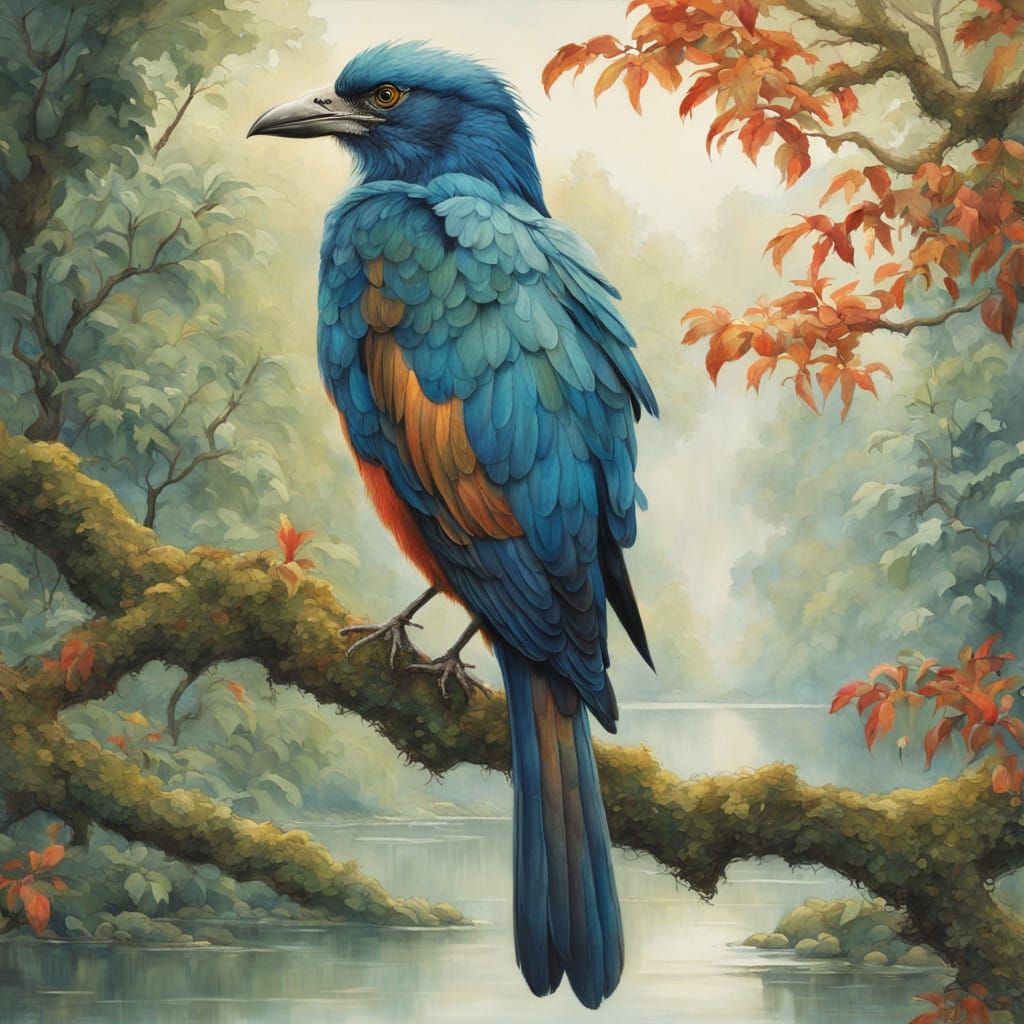 Bird Perched on a Branch in Whimsical Realism