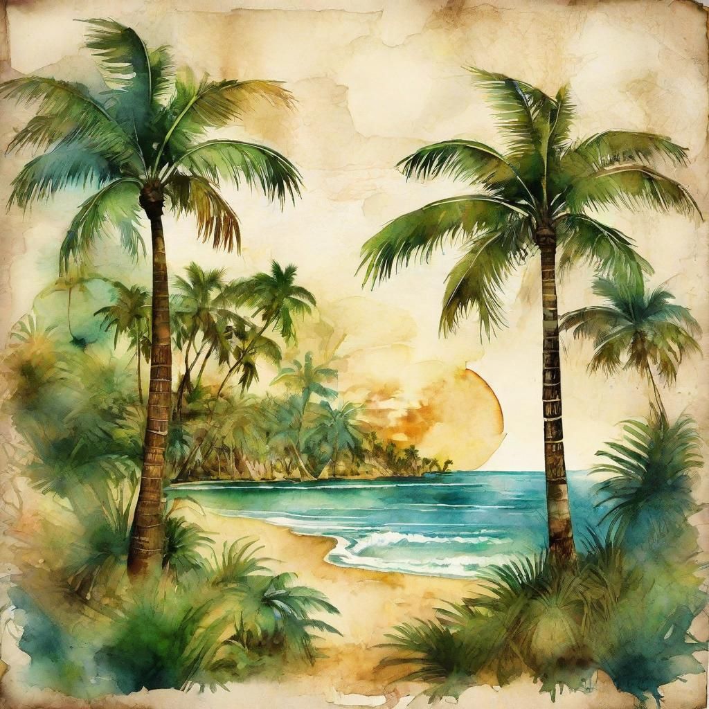 Coastal Jungle with Palm Trees: Vintage Mixed Media