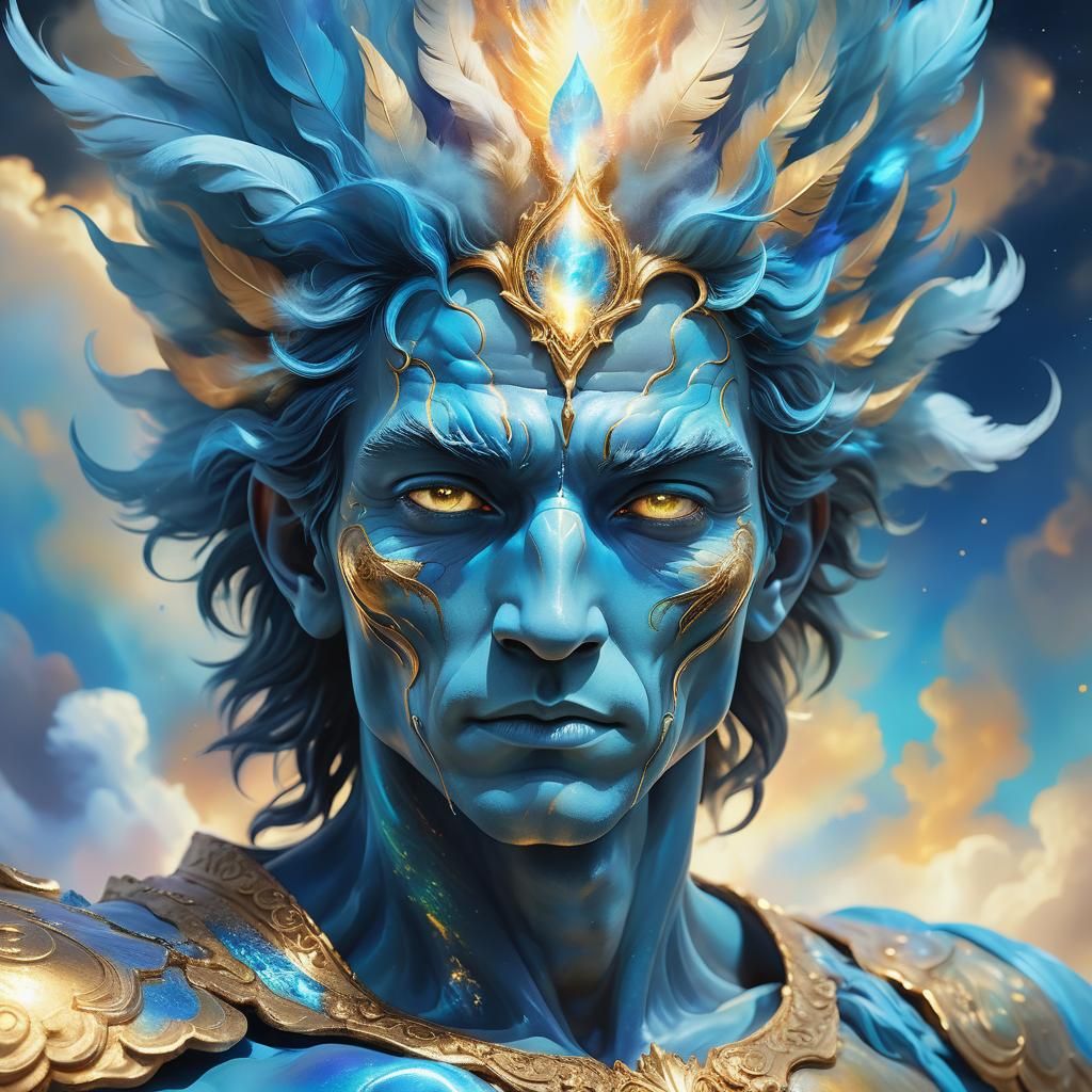 Blue-Skinned God in Mystical Realm: Surreal Concept Art