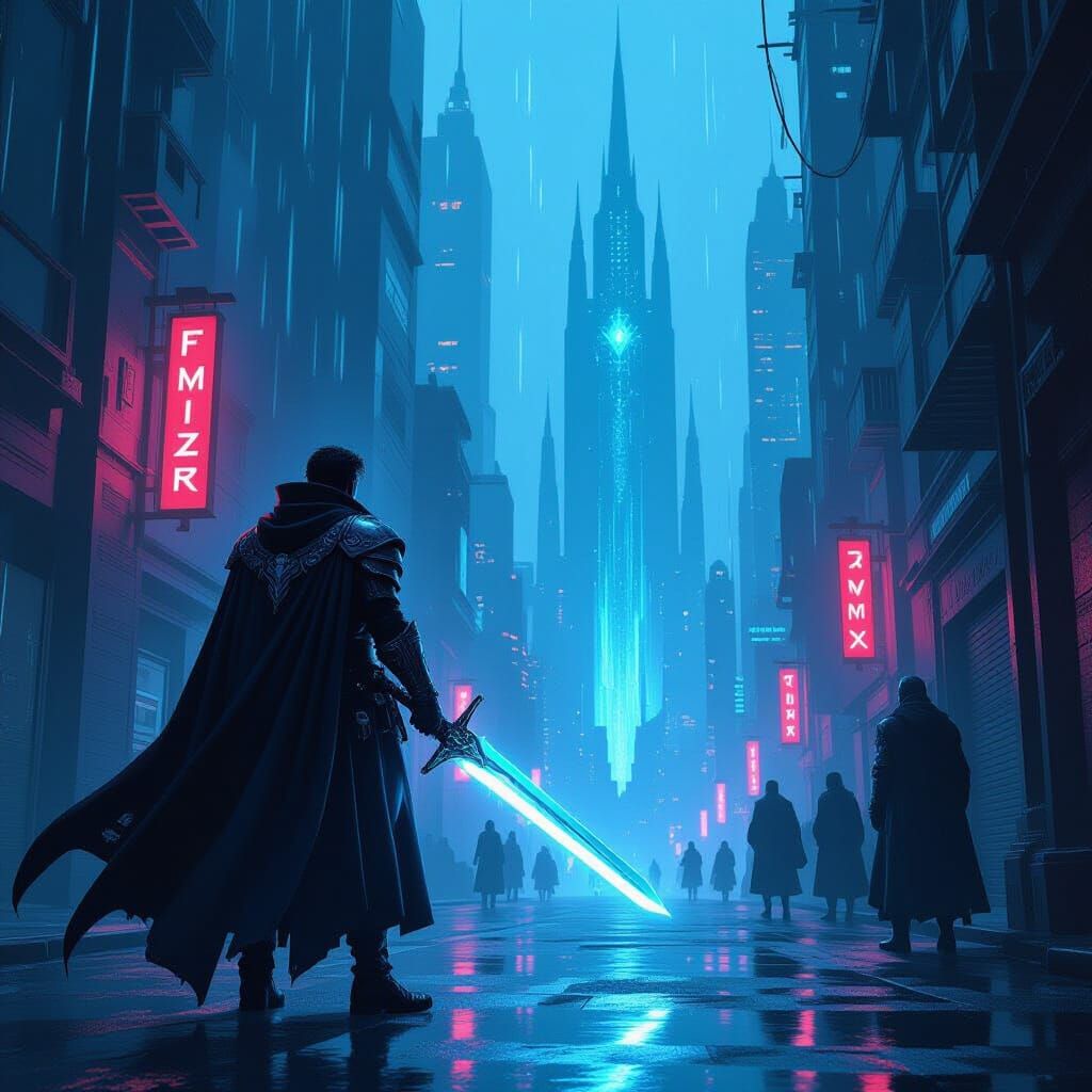 Cyberpunk King Arthur Leads Resistance with Excalibur