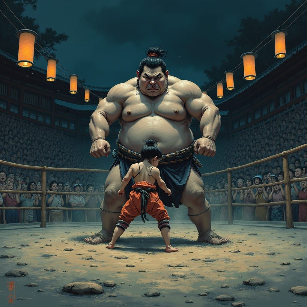 Girl Sumo Wrestler Battles Larger Opponent in Lantern-Lit Ri...