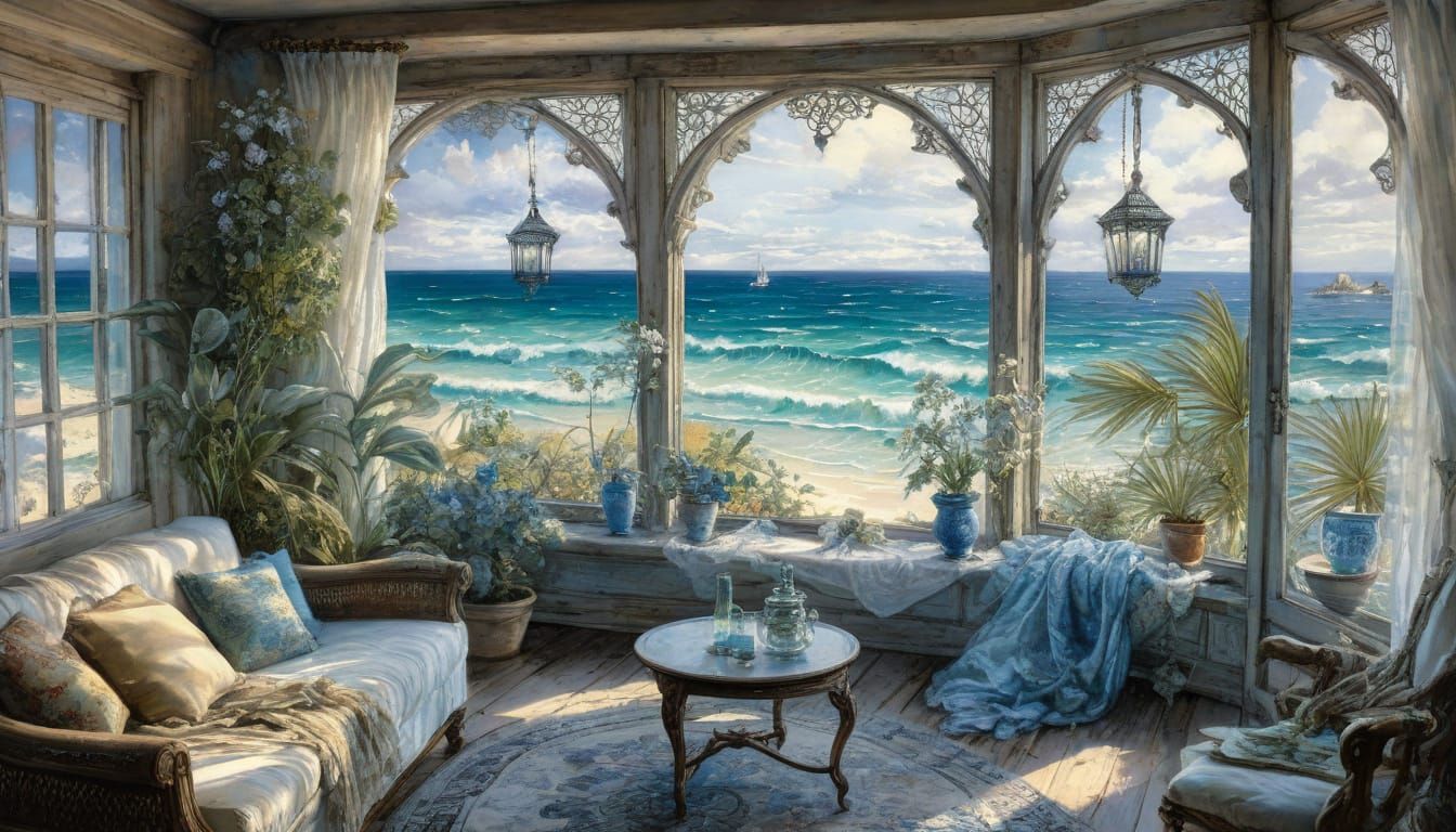 Cozy Beach House Interior with Soothing Ocean View