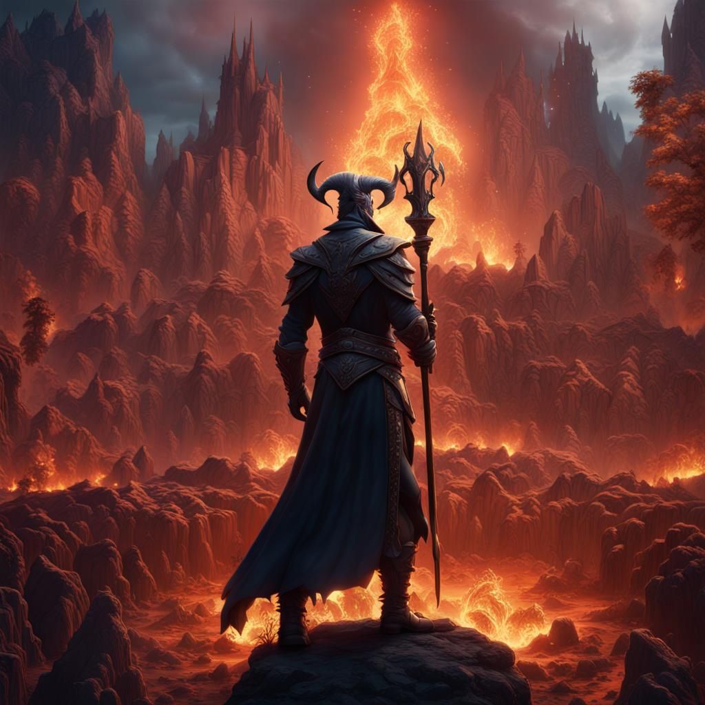 Devil Overlooking Fiery Hell: 8K Fantasy Art