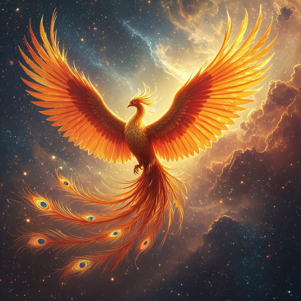 Majestic Phoenix Unveiling Wings in Cosmic Fantasy Art