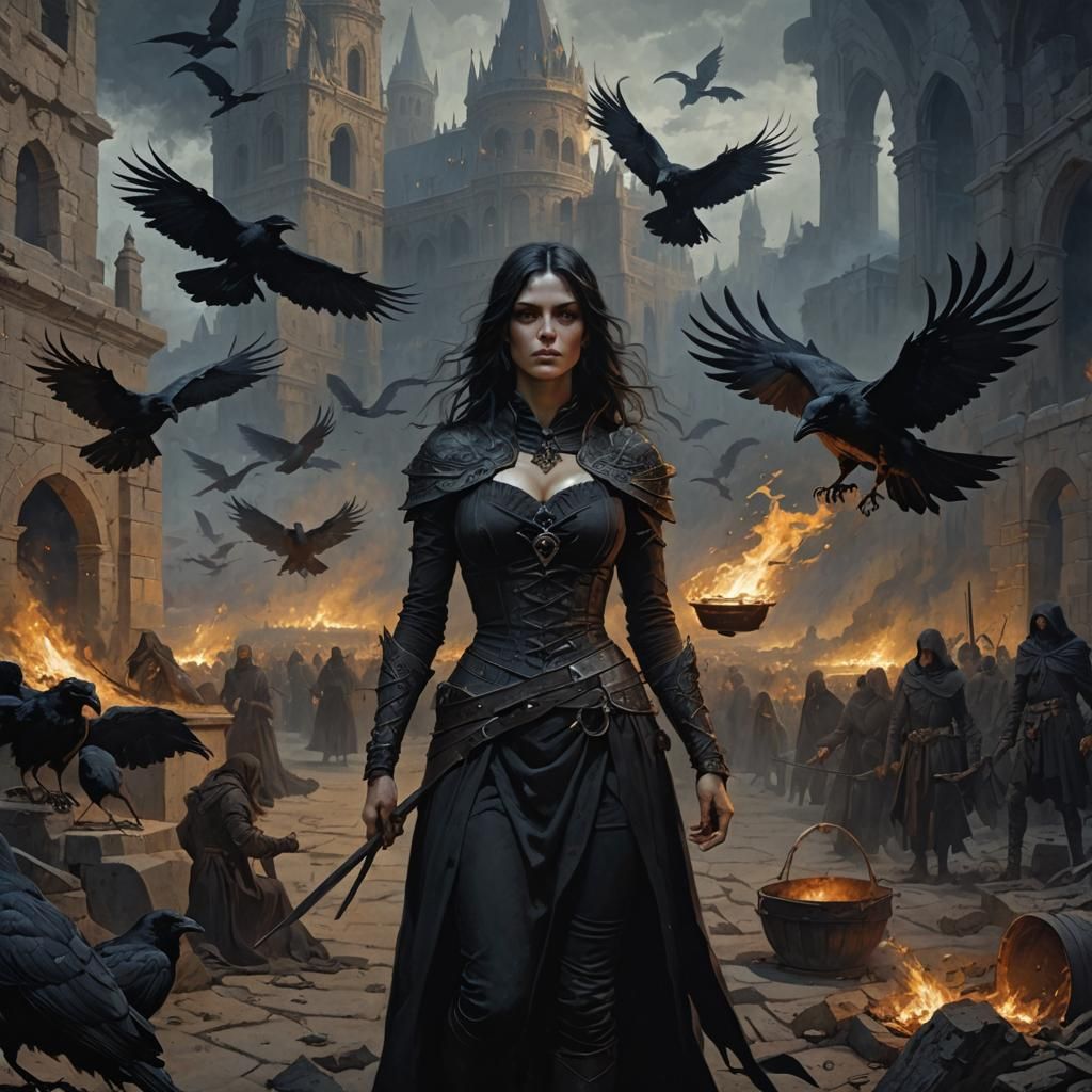 Gothic Woman with Ravens in Horror Style
