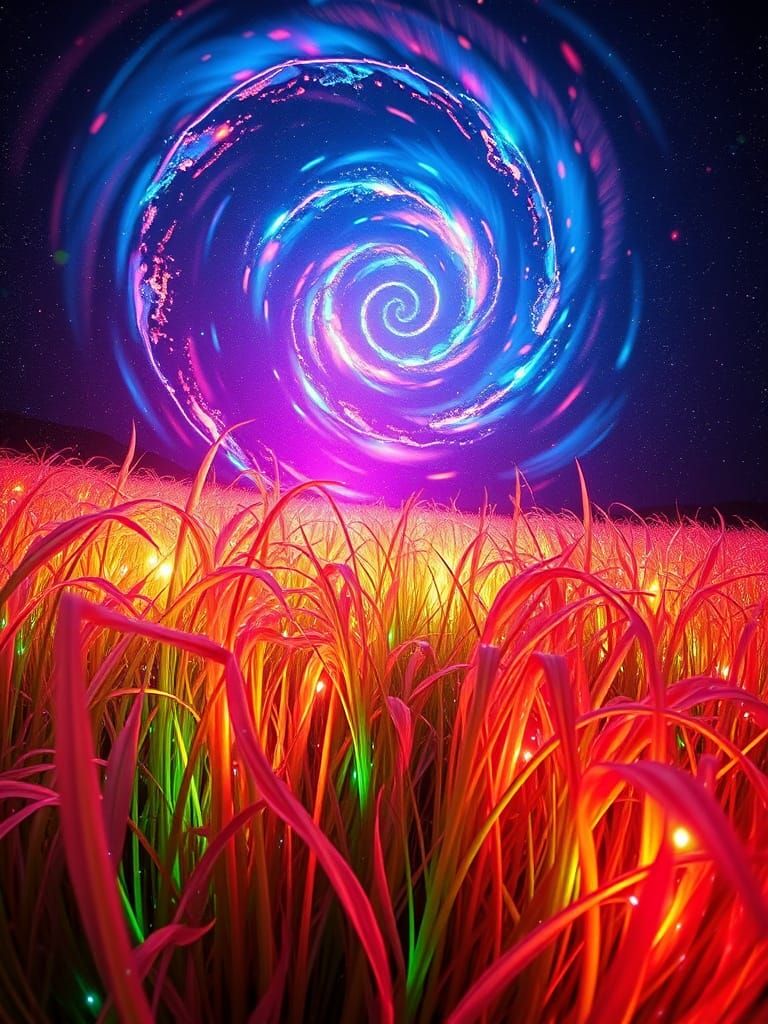 Rainbow Grass Field Under Bioluminescent Skies
