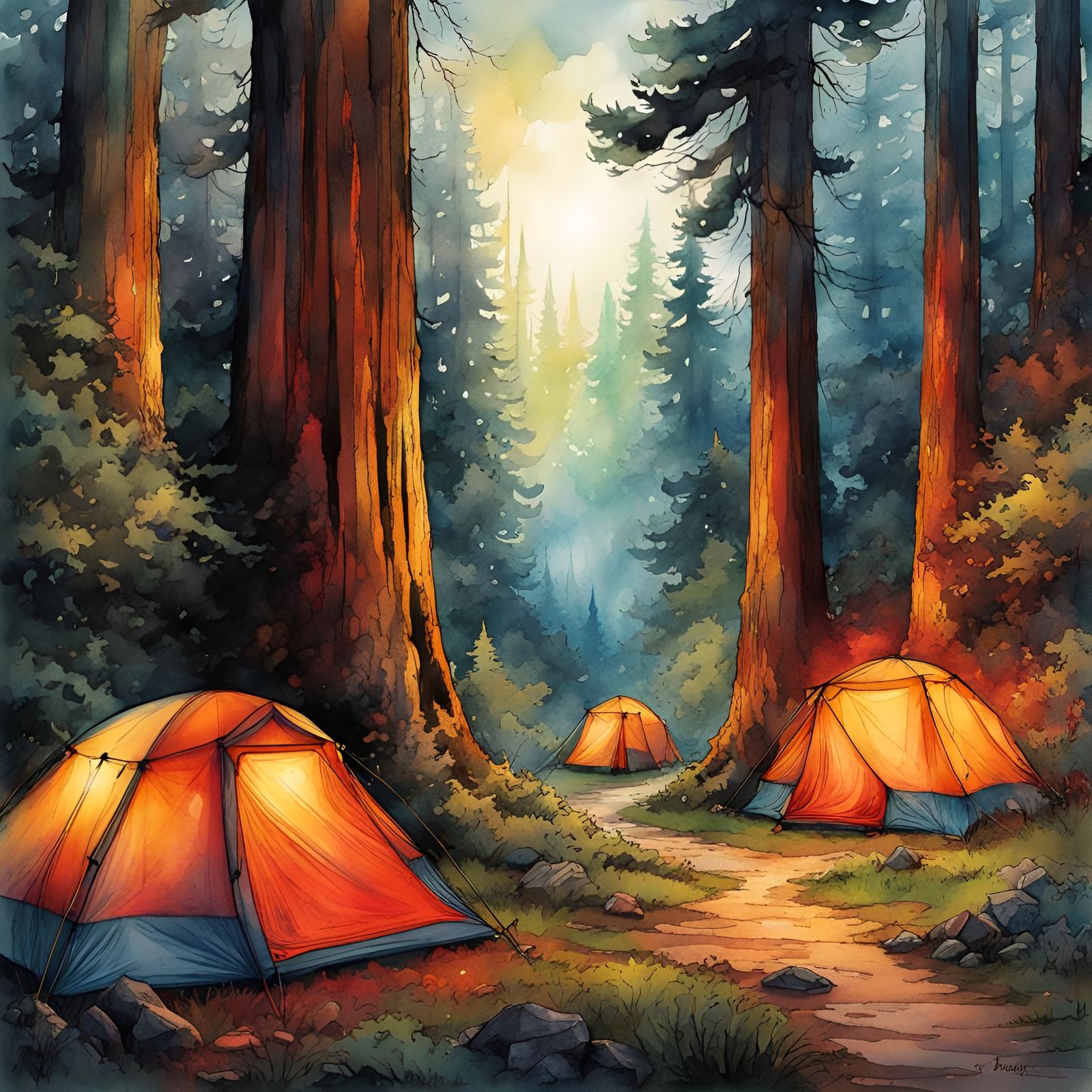Redwood Campground: Ink and Watercolor Illustration