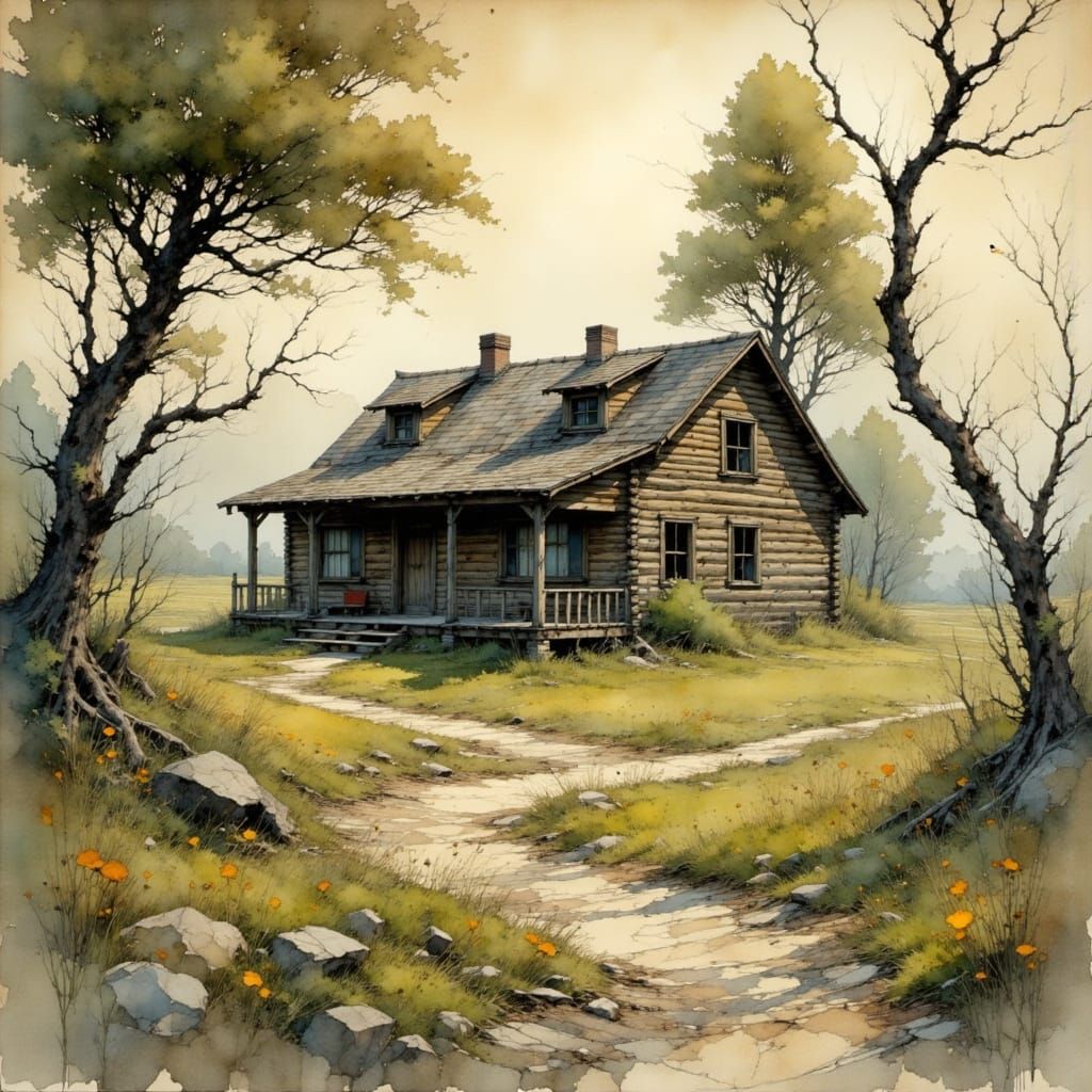 Rustic Log Cabin in Somber Watercolor Style