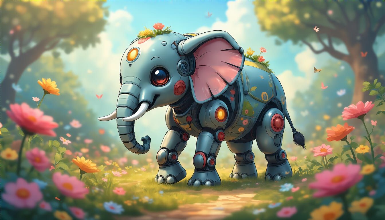 Kind Cyborg Elephant in Whimsical Flower Garden