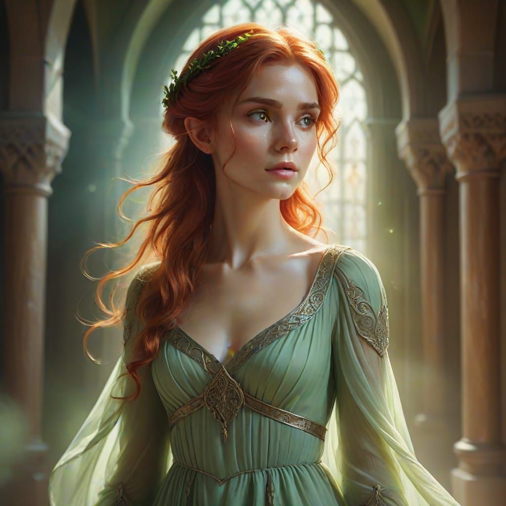 Ethereal Elf Woman in Medieval Hall, Fantasy Art