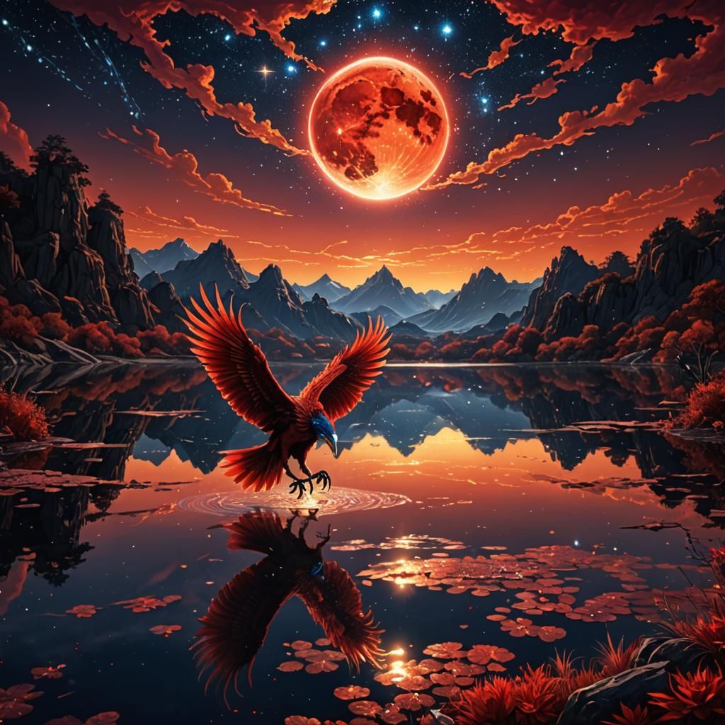 Red bird in red moonlite