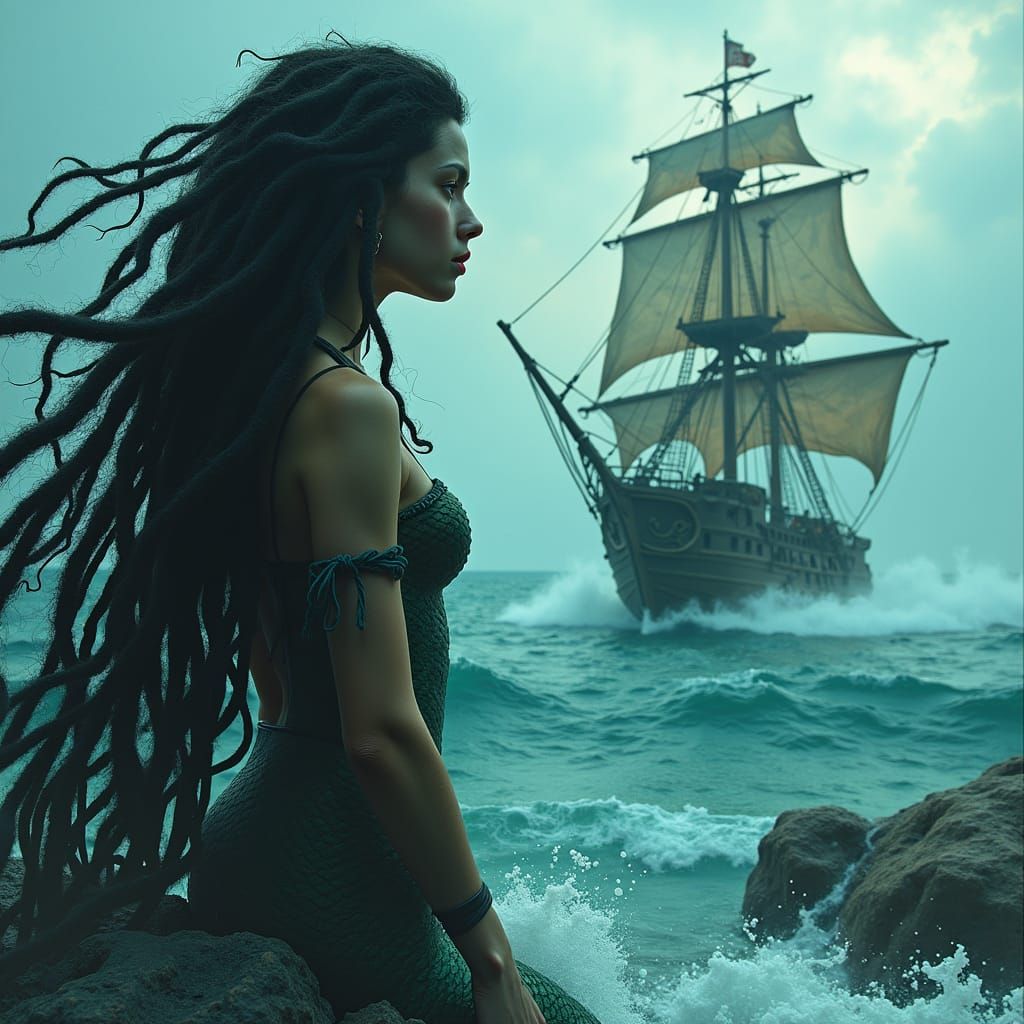 Mystical Mermaid Observes Pirate Ship in Dreamlike Style