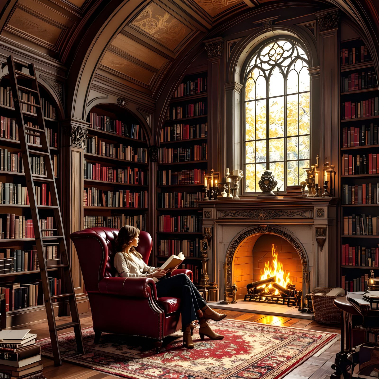 Home Library with Fireplace and Vaulted Ceiling