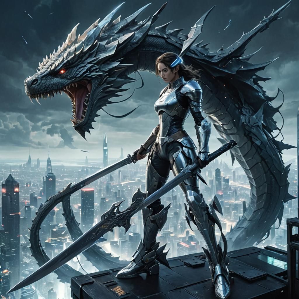 Futuristic Armored Woman Confronts Dragon in Cyberpunk Citys...