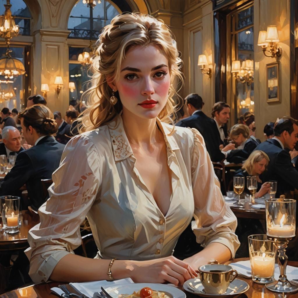 Parisian Cafe Portrait in Romantic Impressionism Style