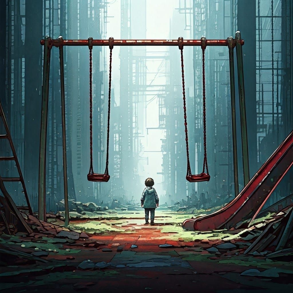 Dystopian Playground Scene in Watercolour Style