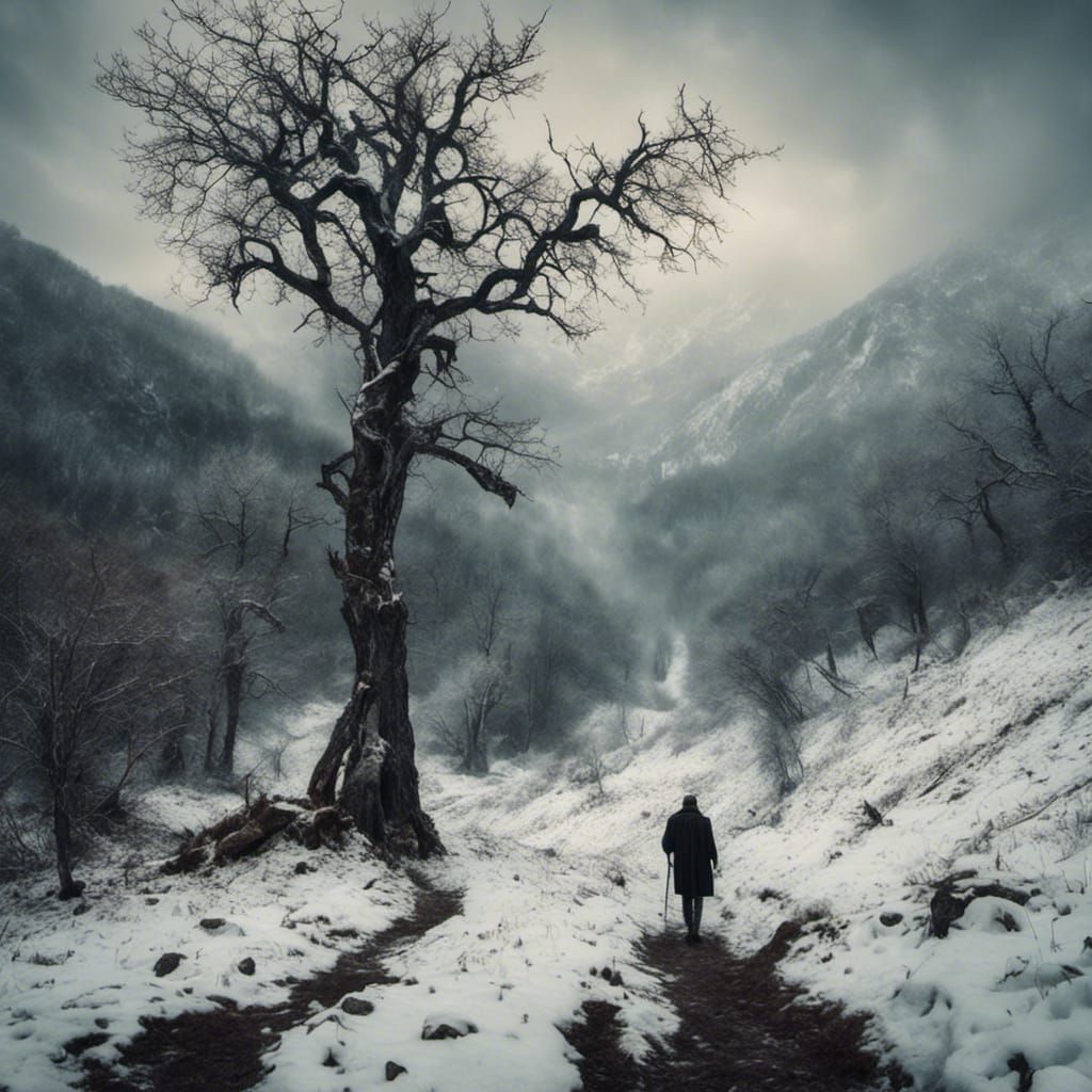Gloomy Snowy Mountain Scene with Walking Man