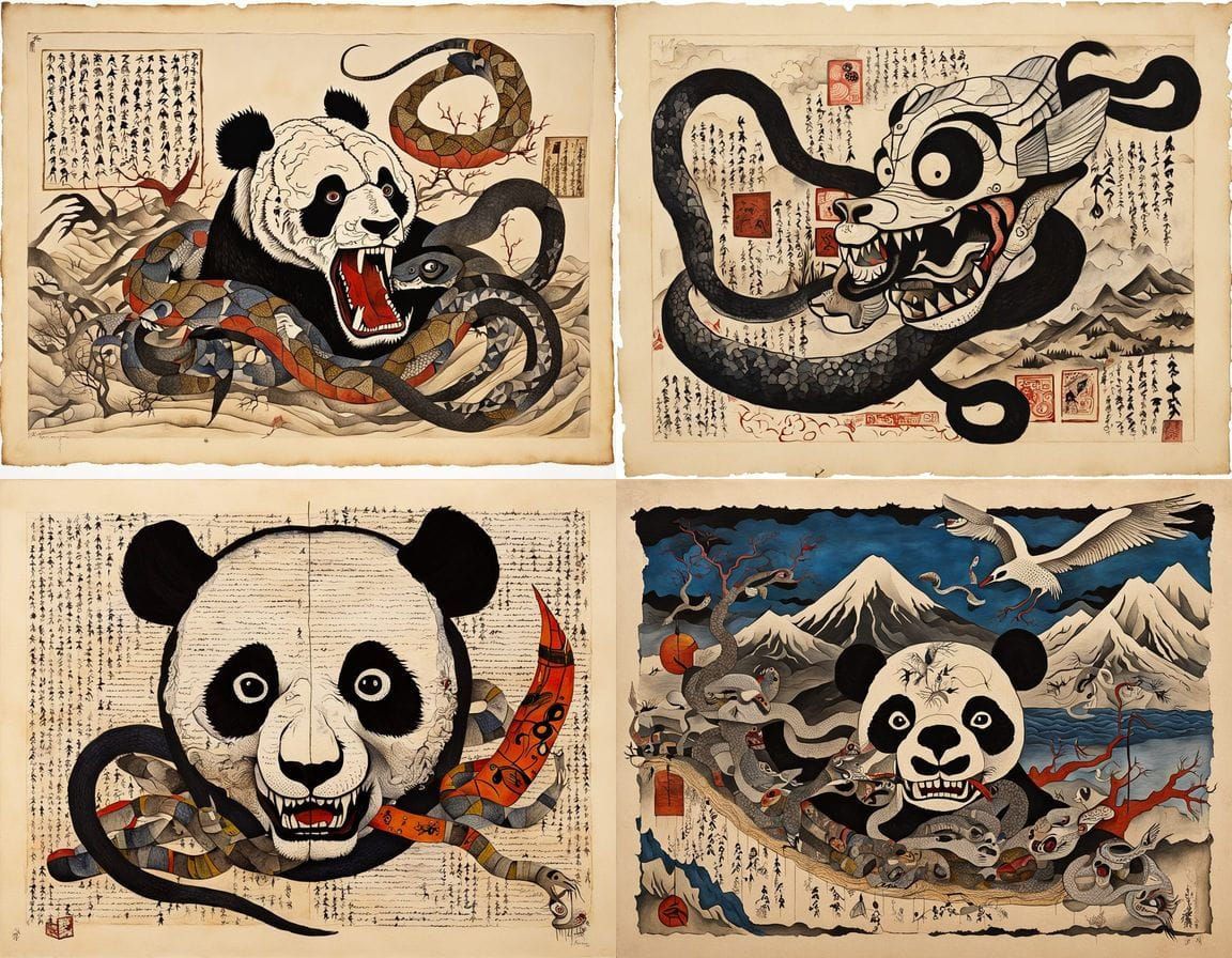 Mystical Japanese Scene with Panda and Cranes