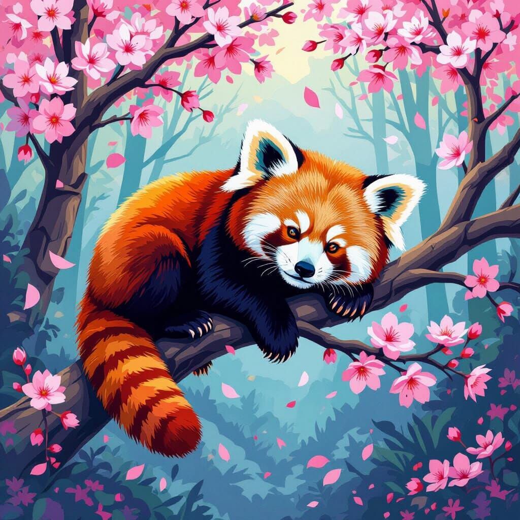 Red Panda on Cherry Blossom Branch in Forest