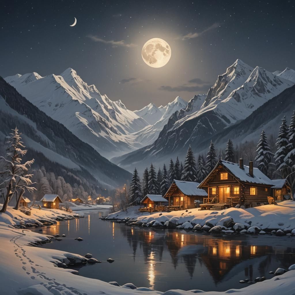 Night Scene: Glowing Mountains and Decorated Hut