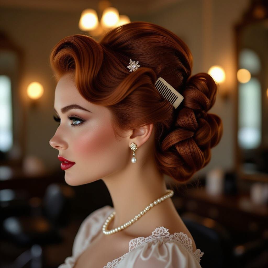 Voluminous Auburn Hair Styled with Vintage Combs and Pearls