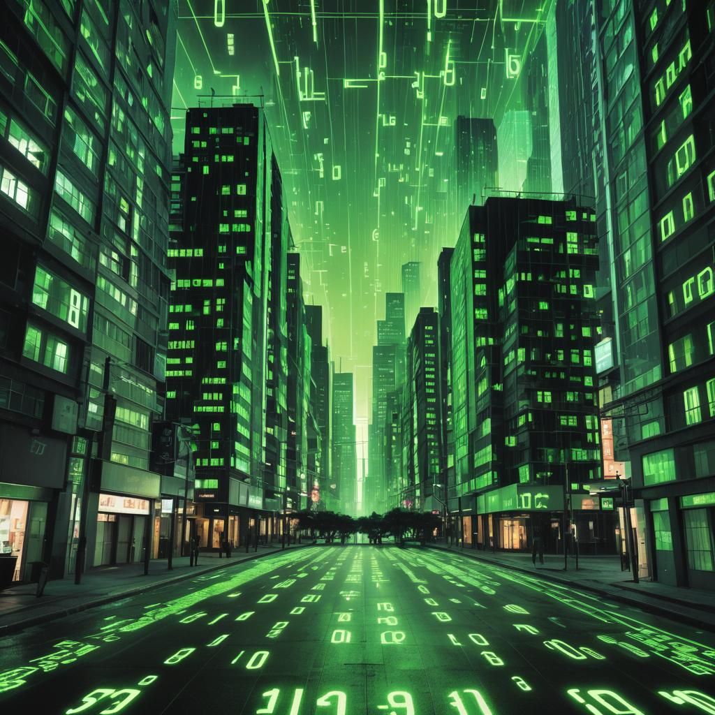 City Street Constructed of Glowing Binary Numbers
