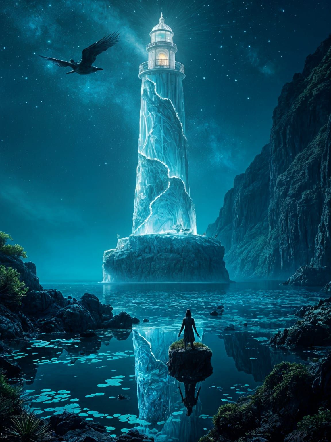Bioluminescent Bay with Crystal Lighthouse