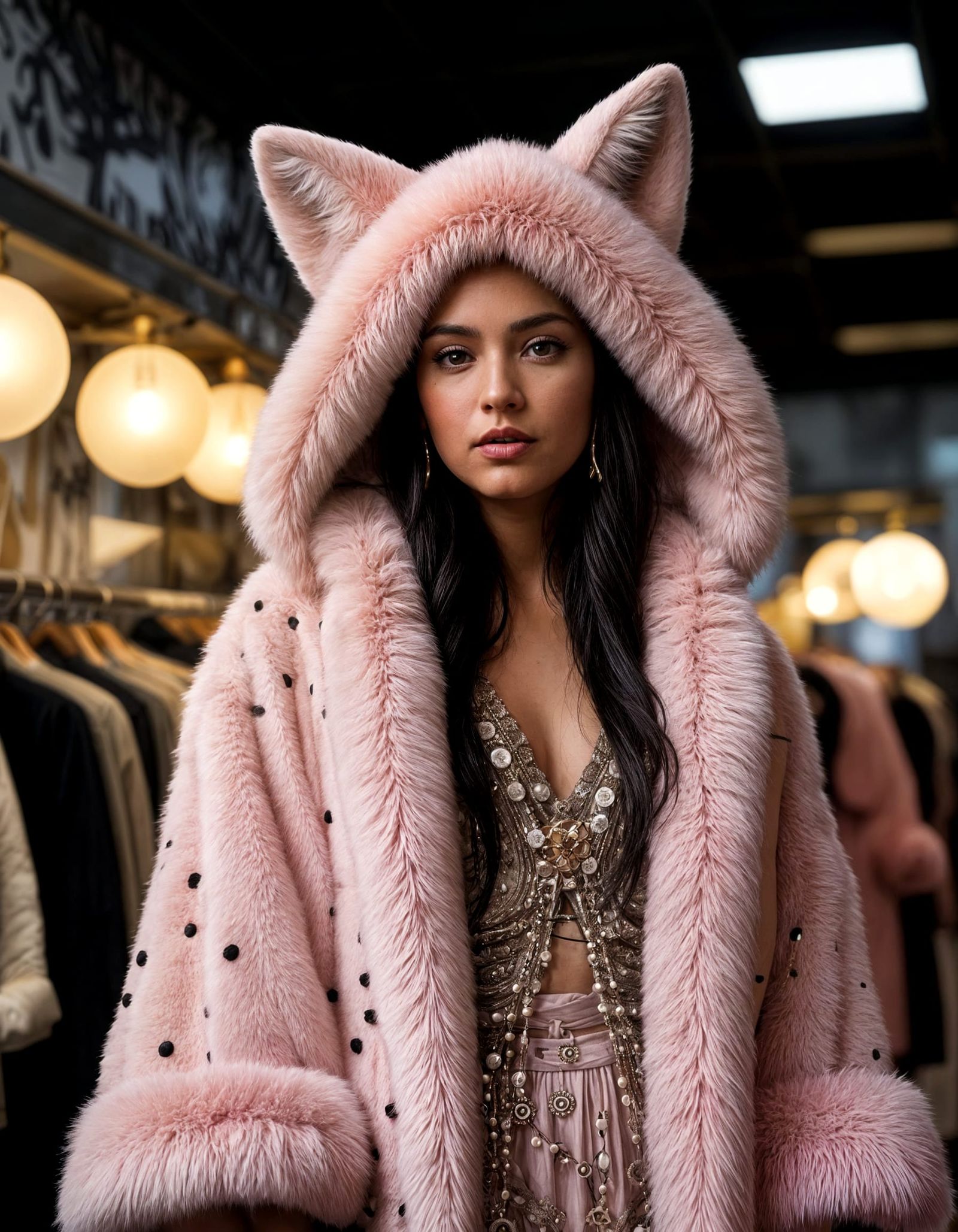 Woman in Giant Pink Fox Fur Coat in Retail Store