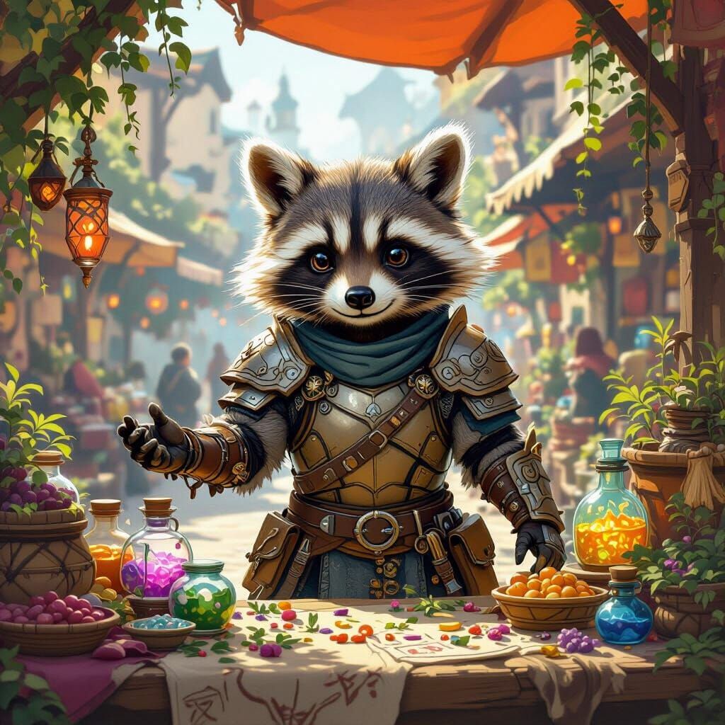 Raccoon Cleric in Fantasy Town: Amano-Inspired Art