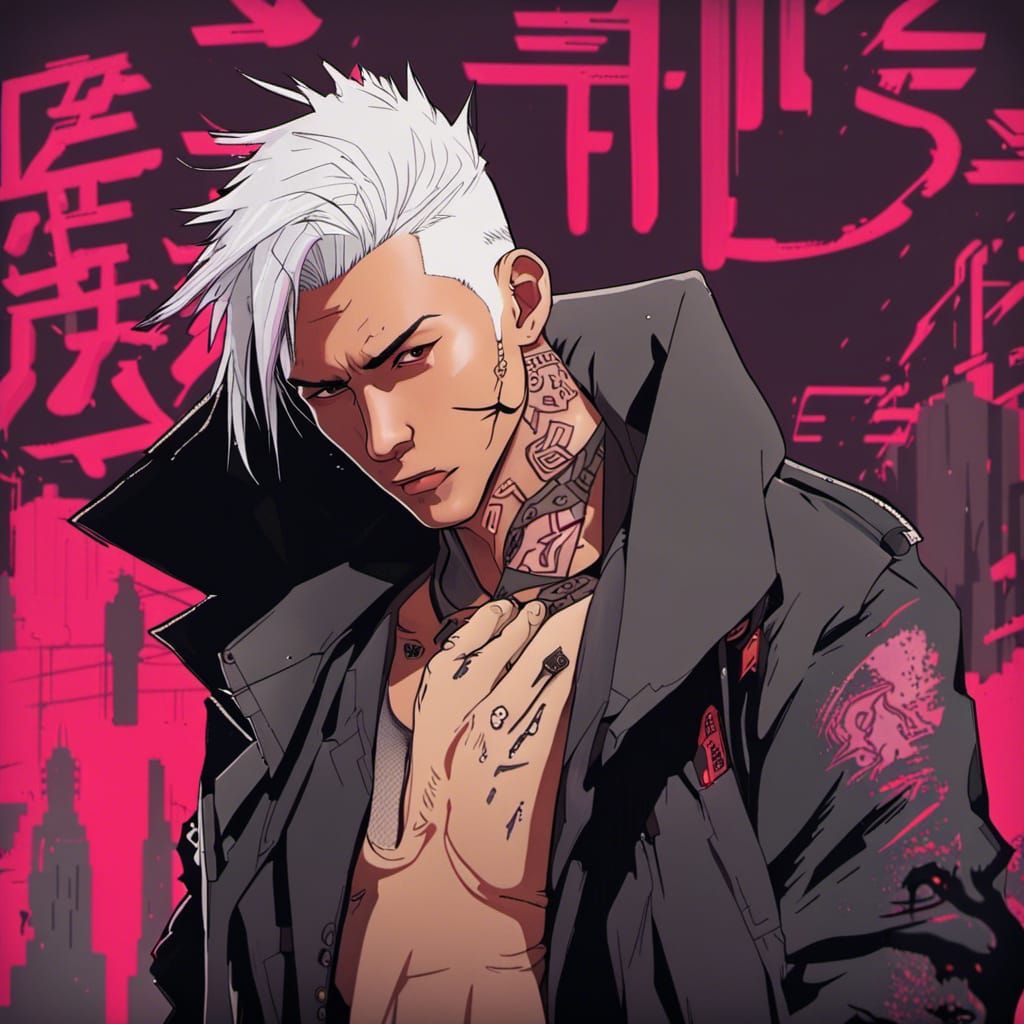 Cyberpunk Asian Man with Katana and Black Cat