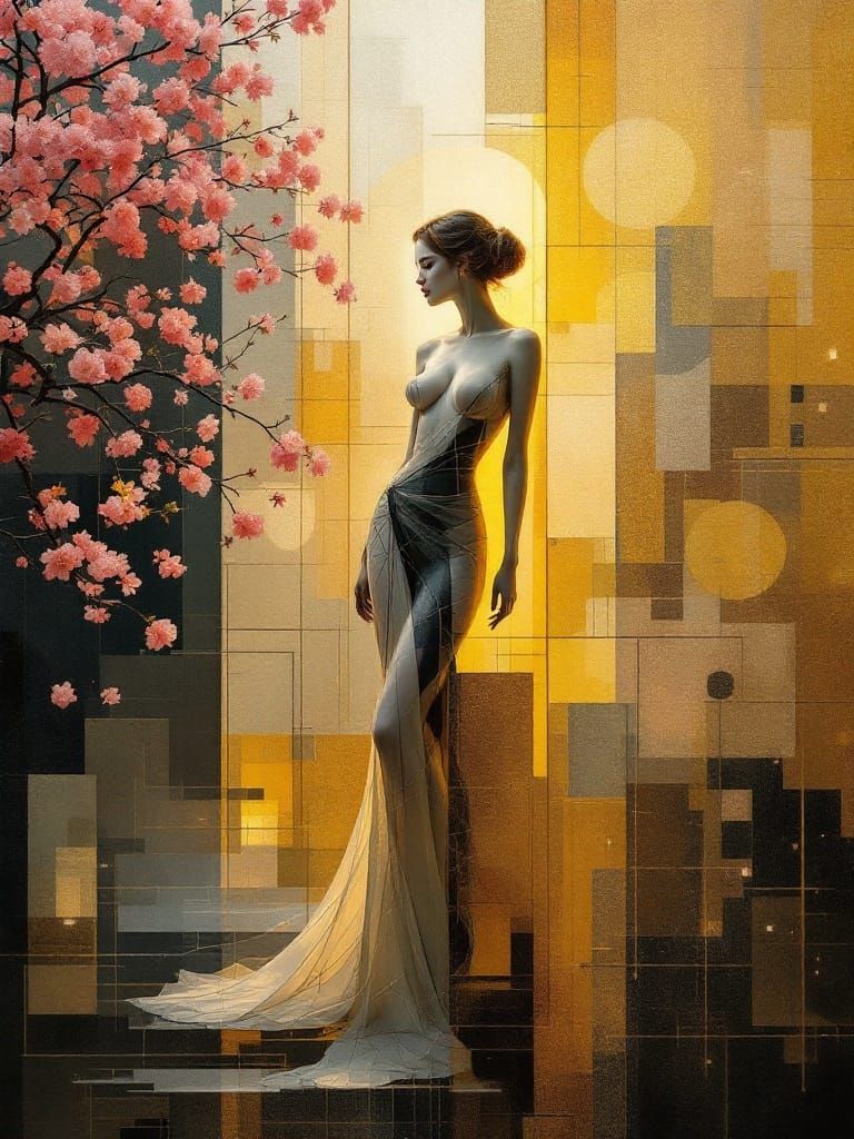 Ethereal Pin-Up Amidst Abstract Garden in Golden Light