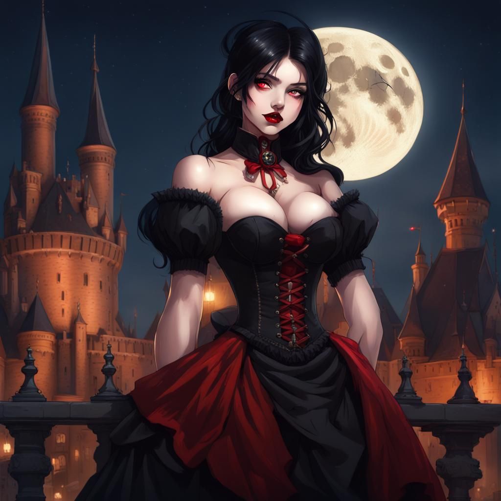 Steampunk Vampiress Portrait with Castle and Moon