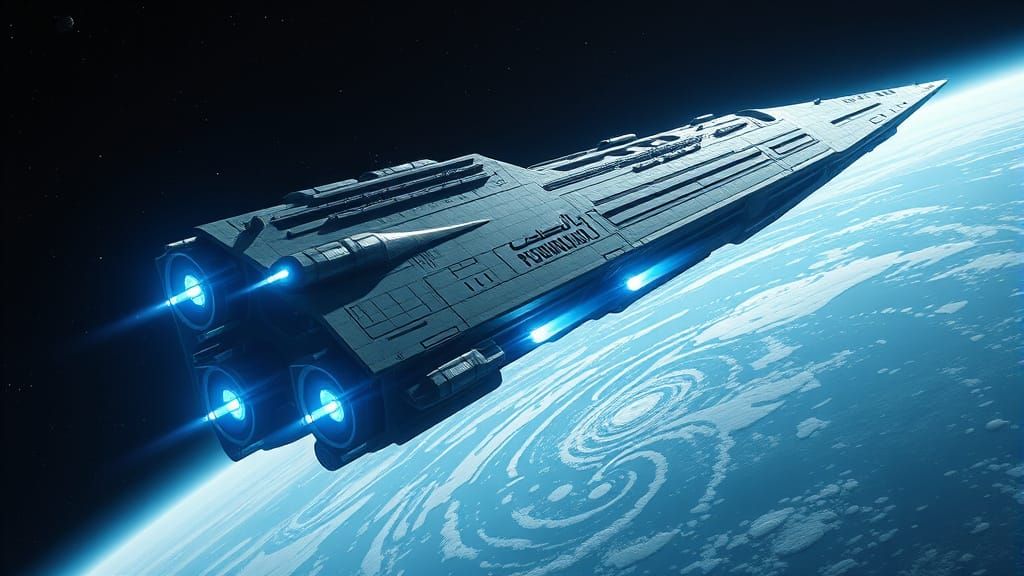 Colossal Spaceship Approaches Alien World in Cinematic Style