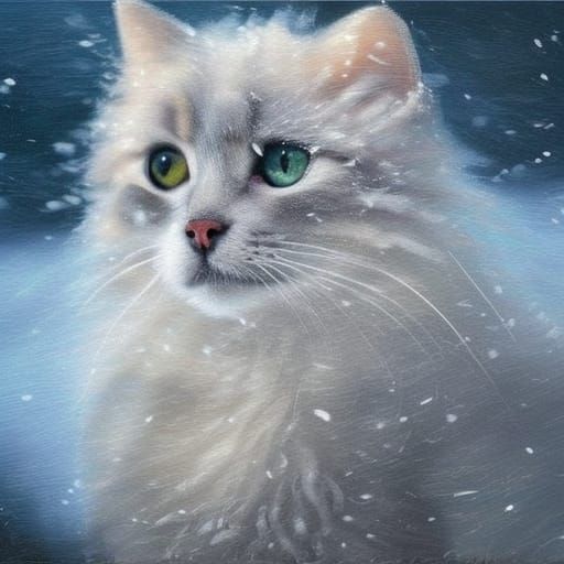 Cute Cat in Snowy Winter Landscape: Oil Painting