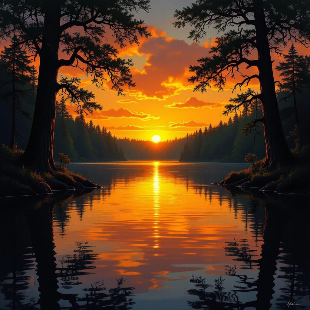 Golden Sunset Over Tranquil Forest Lake